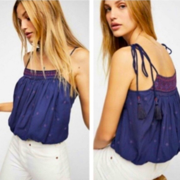 FREE PEOPLE Navy Blue Eternal Love Embroidered Tassel Tank Size Medium NEW! - Picture 1 of 12